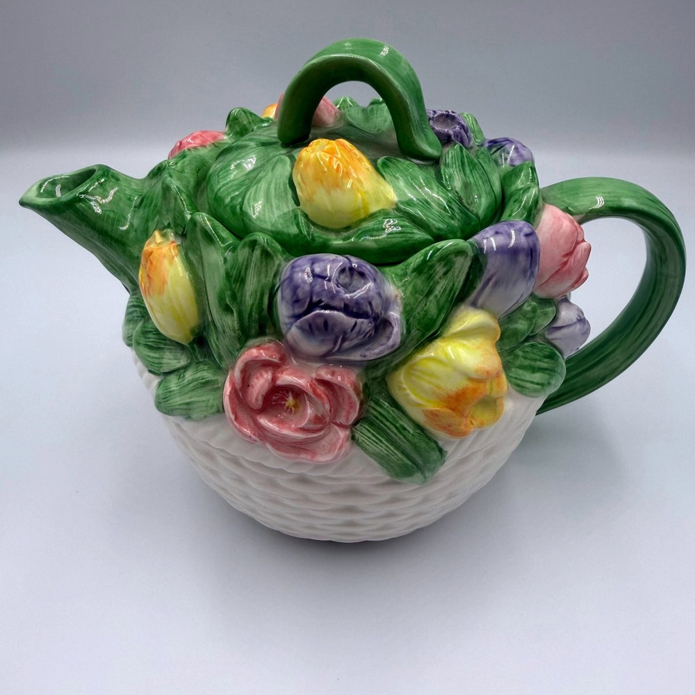 Otagiri Mary Ann Baker Floral Basketweave Teapot Hand Painted Japan Tulips Roses